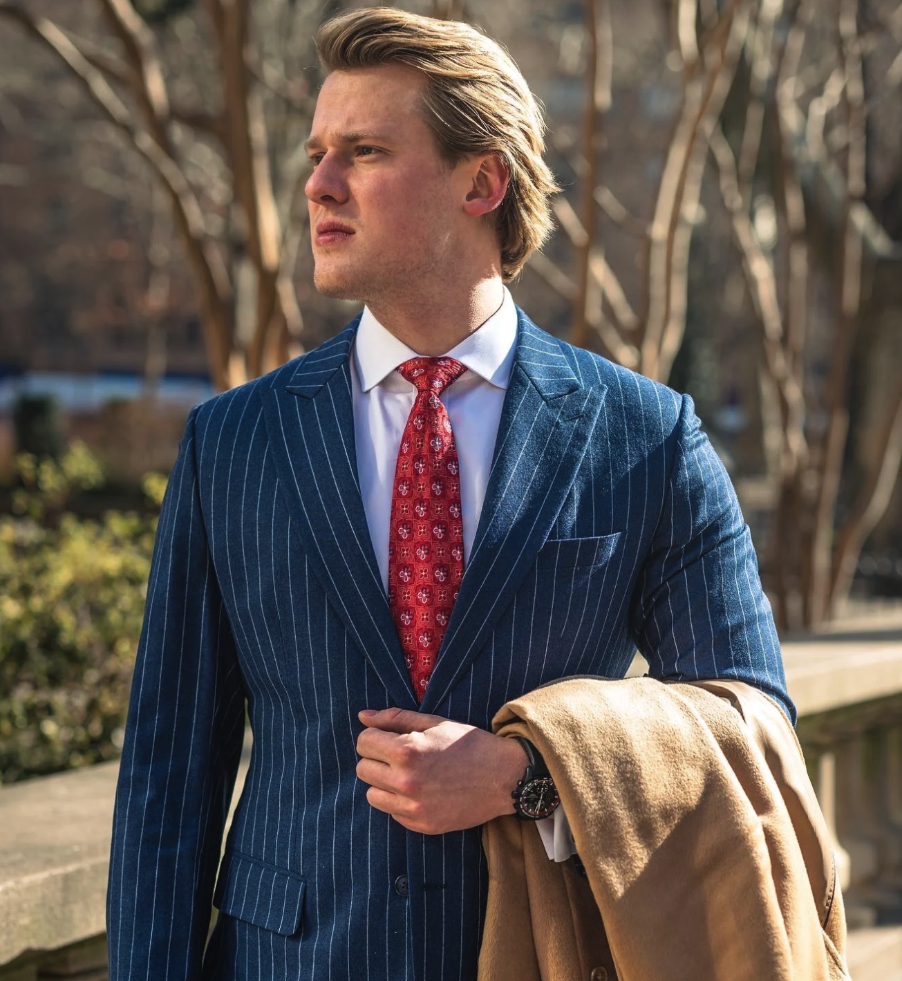 Blue pinstripe three-piece
