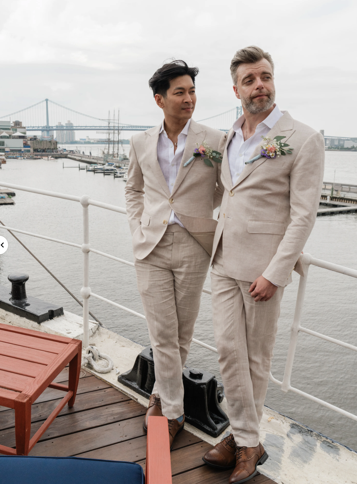 Tan linen wedding suits